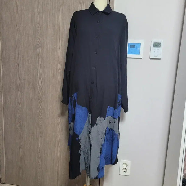 [BUNJANG] Emgraph Color-Blocked Long Shirt Dress / 엠그라프 블랙 배색 롱 셔츠 원피스