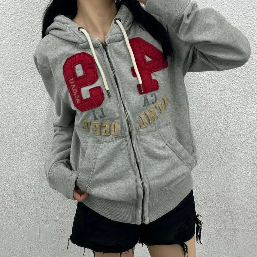 [BUNJANG] Who.A.U Patch Logo Hoodie Zip-Up L / 후아유 패치로고 그레이 후드 집업 L