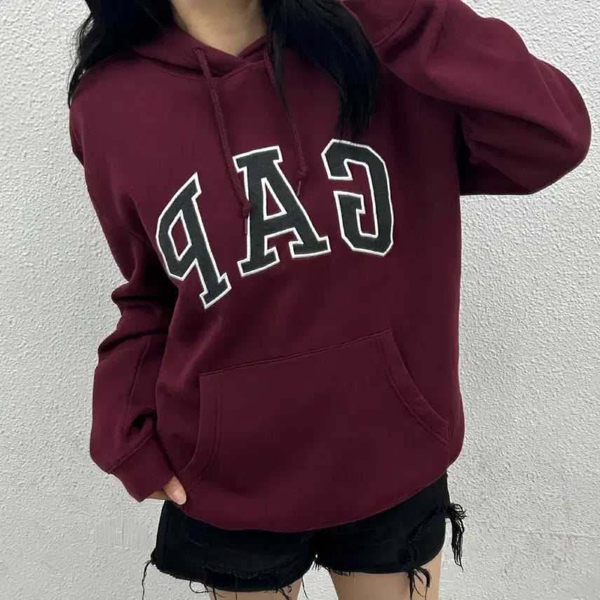 [BUNJANG] Gap Center Logo Deep Burgundy Hoodie M / 갭 센터로고 딥버건디 후드 M