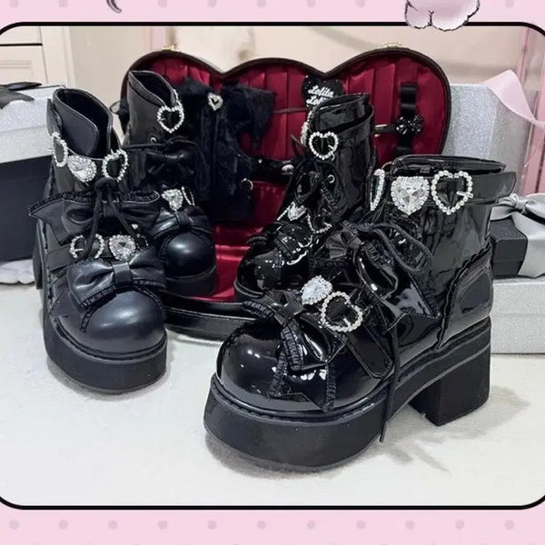 [BUNJANG] Gothic Lolita Heart Cubic Ribbon Short Ankle Boots Platform Shoes / 지뢰계 로리타 고딕 하트 큐빅 리본 숏 앵클부츠 플랫폼 슈즈 부츠(3컬러