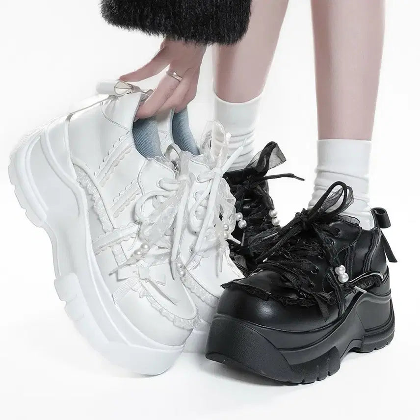 [BUNJANG] Japanese Harajuku Style Platform Shoes with Pearls and Lace / 전학생 지뢰계 양산형 레이스 진주 통굽 플랫폼 유실눈물주 슈즈(2컬생