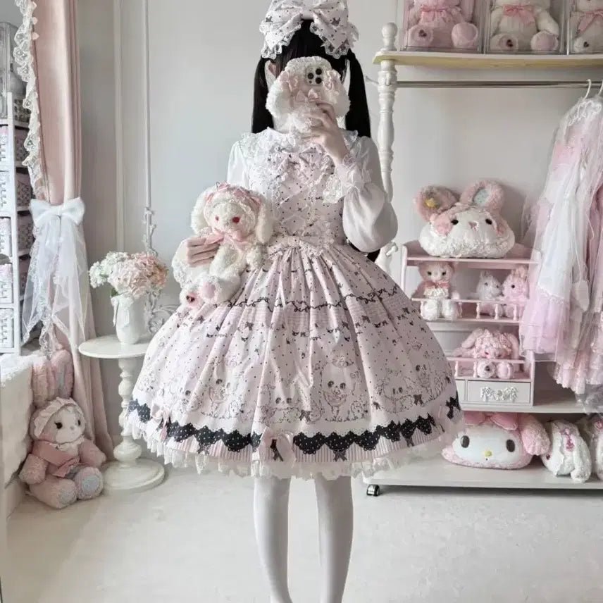 [BUNJANG] Lolita 2-Tier Ribbon JSK Dress (Pink/Black) / 중브 로리타 핑크 블랙 2단리본 강아지 jsk 점스카 원피스 드레스 판매