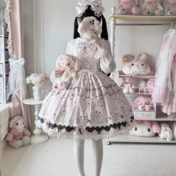 [BUNJANG] Lolita 2-Tier Ribbon JSK Dress (Pink/Black) / 중브 로리타 핑크 블랙 2단리본 강아지 jsk 점스카 원피스 드레스 판매