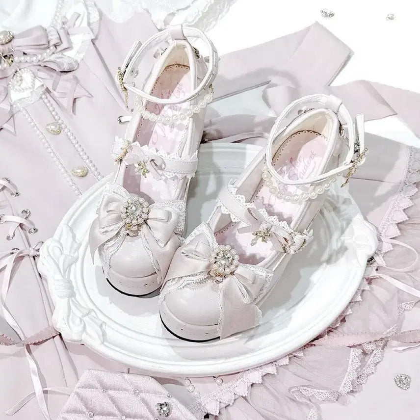 [BUNJANG] Lolita Lace Ribbon Pearl Embellished Platform Mary Jane Shoes (3 Colors) / 전학생 레이스 로리타 리본 진주 보석 장식 플랫폼 메리제인 구두(3컬러)
