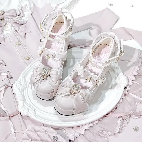 [BUNJANG] Lolita Lace Ribbon Pearl Embellished Platform Mary Jane Shoes (3 Colors) / 전학생 레이스 로리타 리본 진주 보석 장식 플랫폼 메리제인 구두(3컬러)