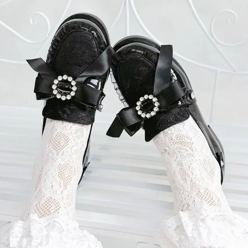 [BUNJANG] Jirai Kei Lolita Lace Ribbon Crystal Accent Shoes / 전학생 양산형 지뢰계 로리타 레이스 리본 크리스탈 장식 슈즈(2컬러)