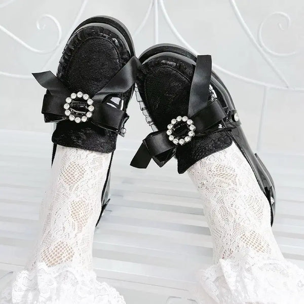 [BUNJANG] Jirai Kei Lolita Lace Ribbon Crystal Accent Shoes / 전학생 양산형 지뢰계 로리타 레이스 리본 크리스탈 장식 슈즈(2컬러)