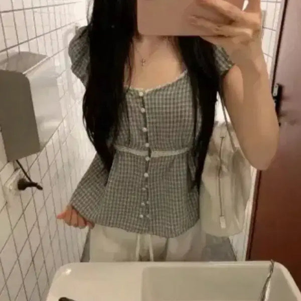 [BUNJANG] LEEDS Judy Puff Blouse Check / 리즈 leeds 주디 퍼프 블라우스 체크 택 달린 새상품 판매 샵리즈