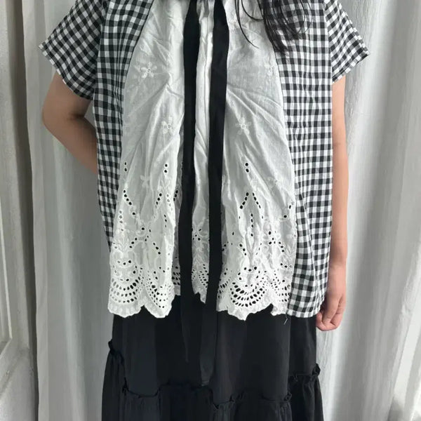 [BUNJANG] Gingham Check Lace Layered Blouse / 깅엄 체크 레이스 레이어드 블라우스