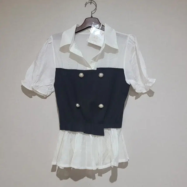 [BUNJANG] Pearl Embellished Short-Sleeve Bustier Blouse / (새상품)뷔스티에 진주 장식 반팔 블라우스