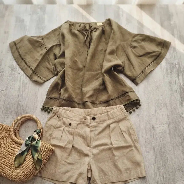 [BUNJANG] Natural Mood Pom-Pom Trim Linen Blouse (Khaki Brown) / 내추럴 무드 폼폼 장식 린넨 블라우스 (카키브라운)