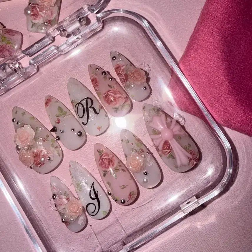[BUNJANG] Handmade Pink Flower Custom Nail Tips / 수제네일팁 판매 핑크 꽃 주문제작