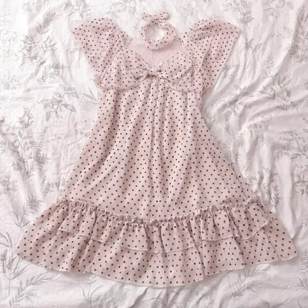 [BUNJANG] Vintage Japanese Baby Doll Pink Dot Frill Chiffon Dress / 일본빈티지 베이비돌 핑크 도트 프릴 스카프 쉬폰 원피스