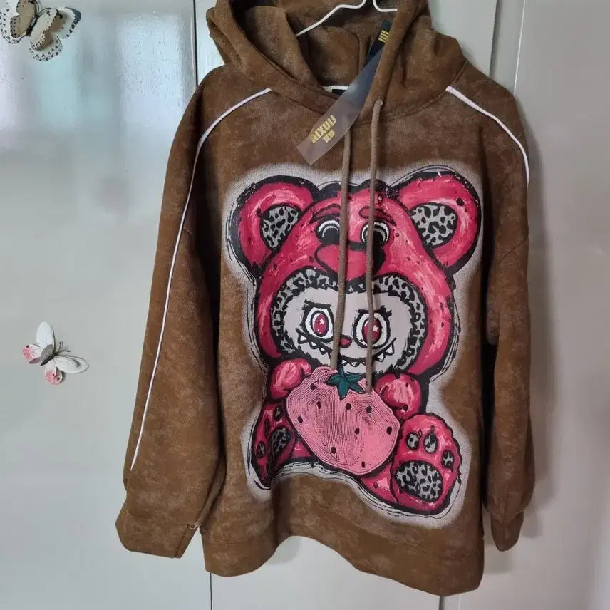 [BUNJANG] Bear & Strawberry Print Thin Fleece Hoodie / 얇은  기모후드