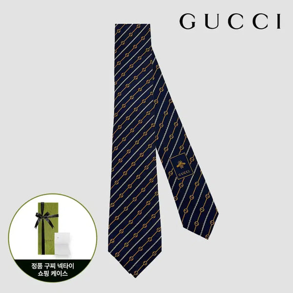 [BUNJANG] Gucci Interlocking G Silk Necktie Navy Yellow / 구찌 인터로킹 넥타이 764965 4EABB 4375 네이비 옐로우