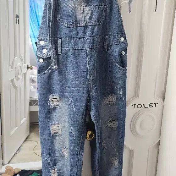[BUNJANG] Distressed Wash Denim Overalls / 청바지 멜빵바지 디스트로이드 워싱