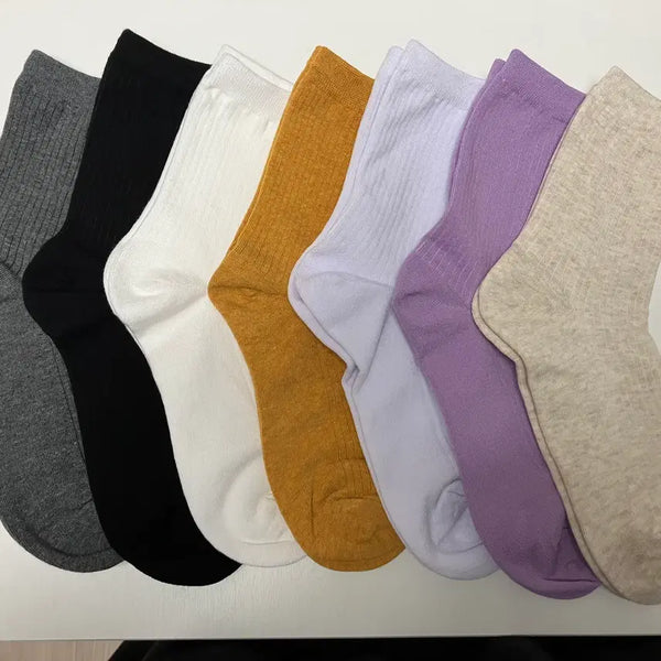 [BUNJANG] Korean Made Cotton Ribbed Plain Mid-Calf Socks 5-Pair Set / [새상품] 국산 순면 골지 무지 중목 양말 5세트 (색상 선택 가능)