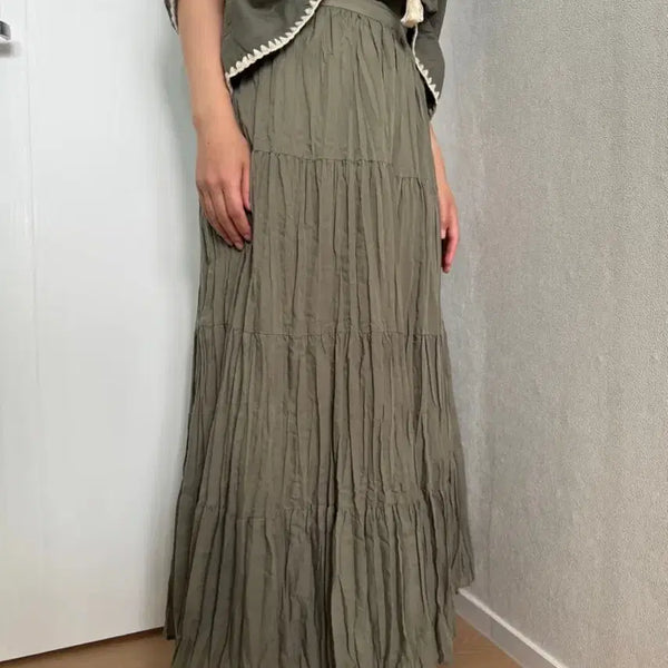 [BUNJANG] Khaki Tiered Long Skirt / 카키 티어드 롱 스커트