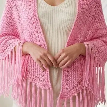 [BUNJANG] Pink Knit Shawl Cardigan with Frills and Tassel Trim / 핑크색 니트 숄 가디건 프릴 술 장식 수입
