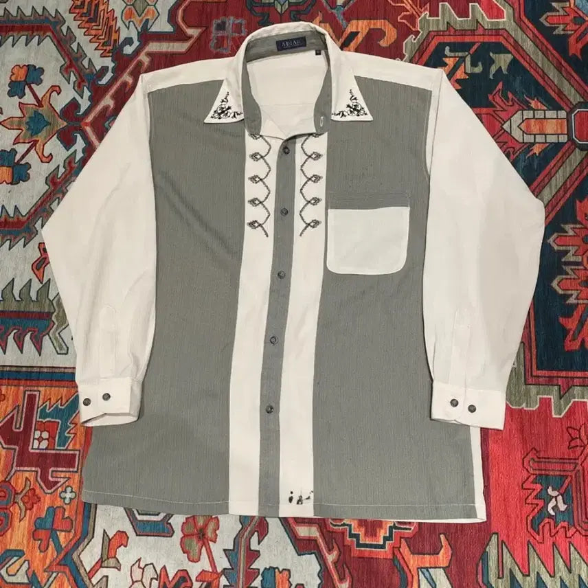 [BUNJANG] ADIAR Western Embroidery Bowling Shirt Khaki Grey L / ADIAR 웨스턴 자수 볼링 셔츠 카키 그레이 L