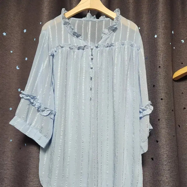 [BUNJANG] Anne Klein Sky Blue Stripe Frill Blouse (Unused) / 미사용 // 앤클라인 하늘색 스트라이프 프릴 블라우스-99