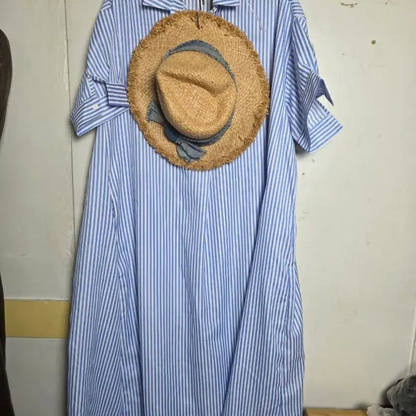 [BUNJANG] Blue Stripe Long Dress and Straw Hat Set / 스트라이프 95-100 원피스 + 밀짚 모자 상태좋아요