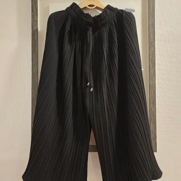 [BUNJANG] Comfortable Pleated Wide Pants (Black/Beige) - Set of 2 / 2벌 편한 플리츠 와이드 팬츠 블랙 베이지
