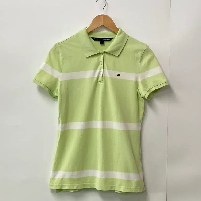 [BUNJANG] Tommy Hilfiger Women's Lime Stripe Short Sleeve Polo Shirt M / 5.타미힐피거 여성 반팔 카라티 라임 스트라이프M