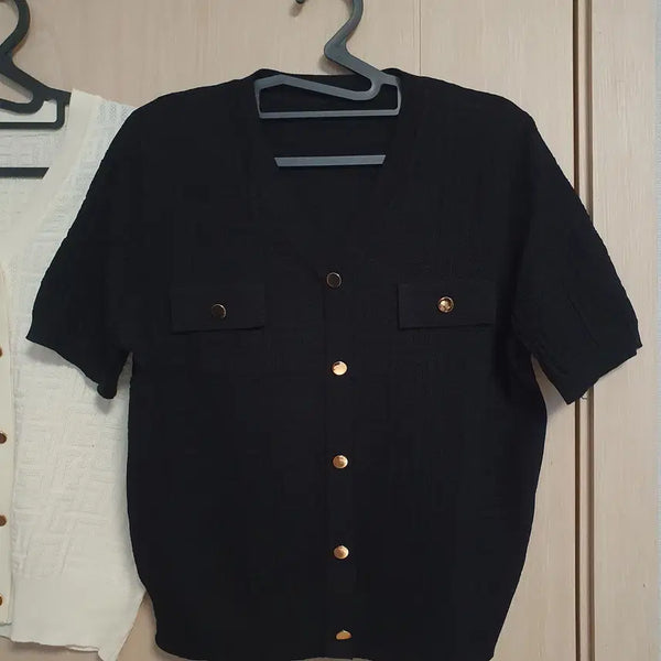 [BUNJANG] High-End Black Gold Button Knit Summer Short-Sleeve Top / (새상품) 고급진 블랙 금장 단추 니트_여성 여름 반팔 니트