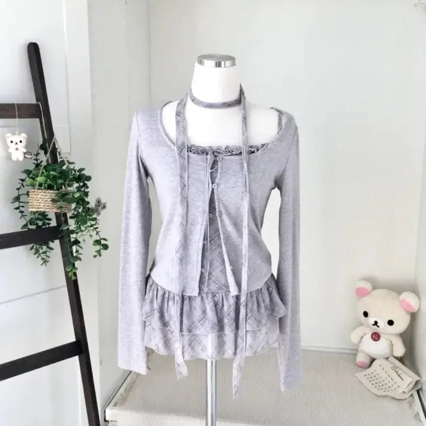 [BUNJANG] Vintage Frill Cardigan Check Layered Camisole Set Purple / 에이블리 쓰리피스 빈티지 프릴 가디건 체크 레이어드 나시 퍼플