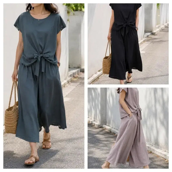 [BUNJANG] Women's Linen Blend Relaxed Fit Wide Leg Lounge Set / [새상품/상하세트] 인견 밴딩 와이드 루즈핏 상하복 투피스