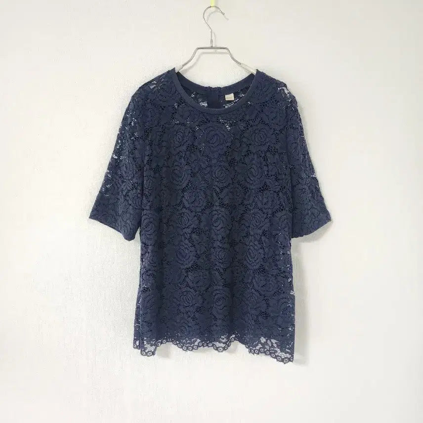 [BUNJANG] Navy Lace Short Sleeve Blouse / 레이스 반팔 블라우스 네이비