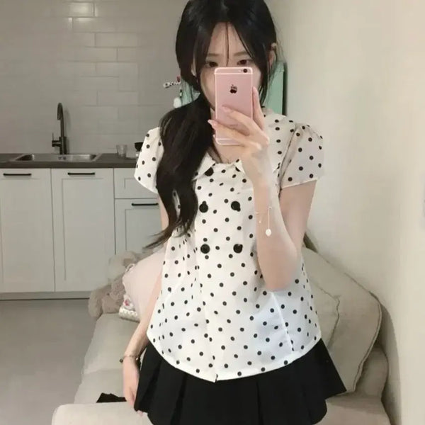[BUNJANG] Dot Collar Short Sleeve Blouse / 에이블리 도트 카라 반팔 셔츠 블라우스