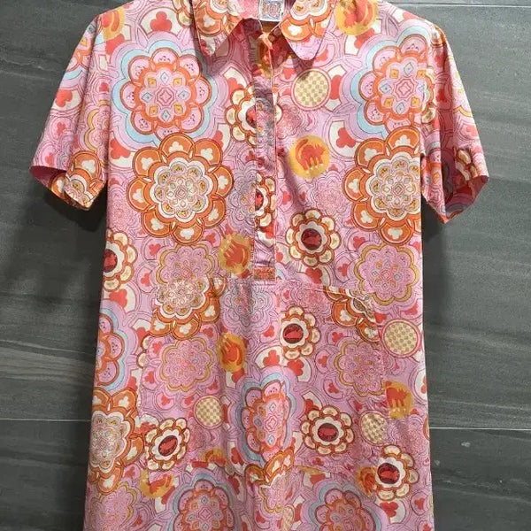 [BUNJANG] Oilily Floral Pink Short Sleeve Dress / 오일릴리 ,  앞면단추  스트랩  플로럴 핑크 반팔 원피스  L