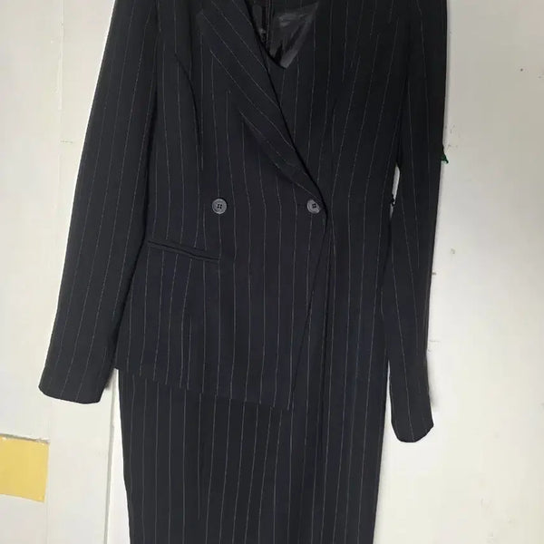[BUNJANG] Black Pinstripe Midi Dress - Size M / 정장 원피스55~66 세로줄무늬 검정 M가단47cm길이97cm