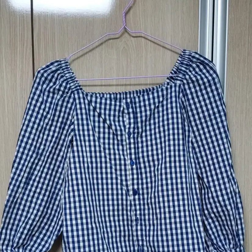 [BUNJANG] Checkered Square Neck Puff Sleeve Summer T-Shirt / 시원한 여름티