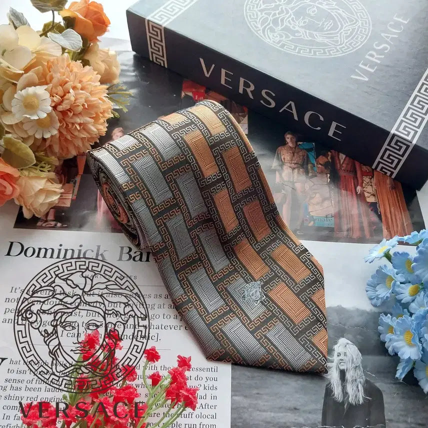 [BUNJANG] Versace Medusa Logo Pattern Silk Necktie 9.5cm / 베르사체 브라운 메두사 로고 패턴 넥타이 9.5cm A+등급 K3081