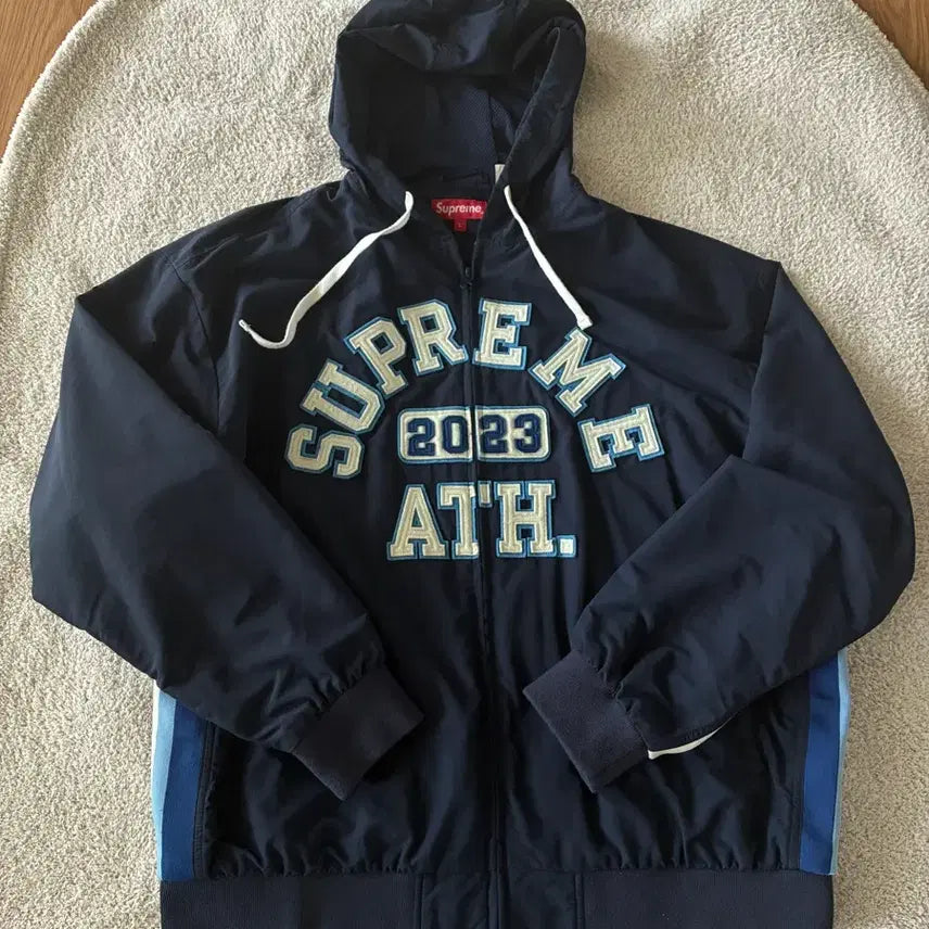 [BUNJANG] Supreme Appliqué Hooded Track Zip-Up Jacket Navy L / 슈프림 아플리케 후드 트랙 집업 자켓 L