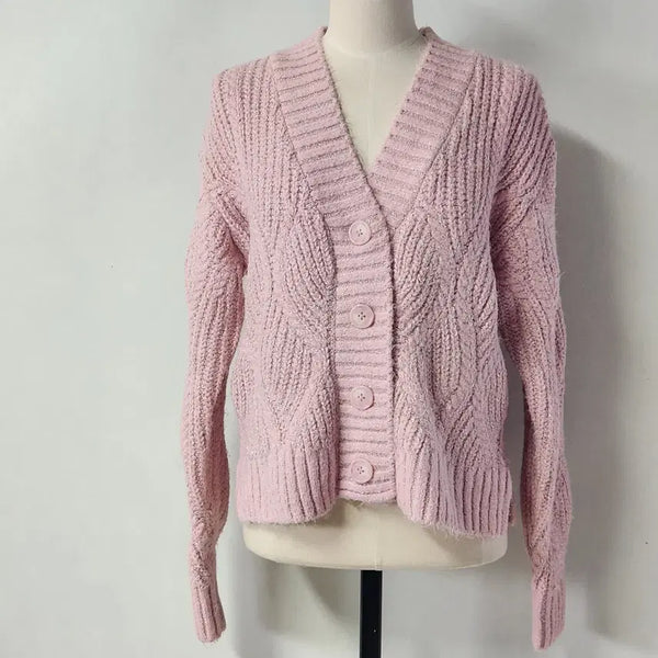 [BUNJANG] Universal Thread Metallic Cable Knit V-Neck Cardigan XS / Universal Thread 은사 핑크 꽈배기 브이넥 가디건 XS