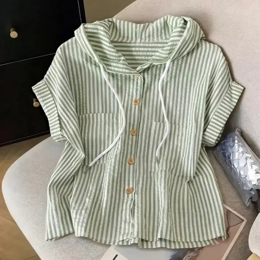 [BUNJANG] Hooded Short-Sleeve Shirt Olive Green / 새상품 후드 반팔 셔츠 올리브그린