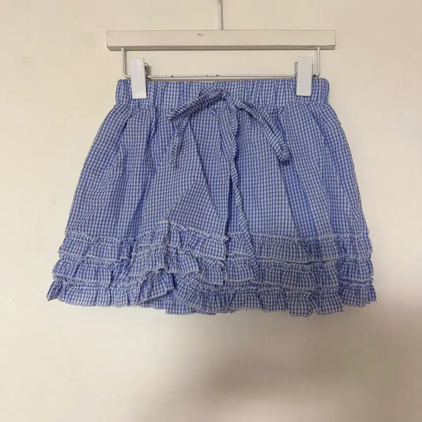 [BUNJANG] Women's Ruffle Hem Checkered Skirt (Blue) / 새상품 여자 체크 밑단 프릴 스커트 (블루)