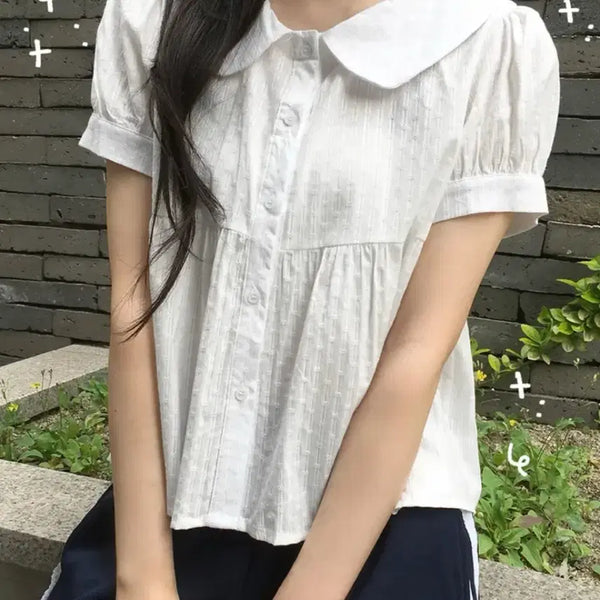 [BUNJANG] Ablery Punch Puff Collar Short Sleeve Shirt Blouse / 에이블리 모리걸 펀칭 퍼프 카라 반팔 셔츠 블라우스