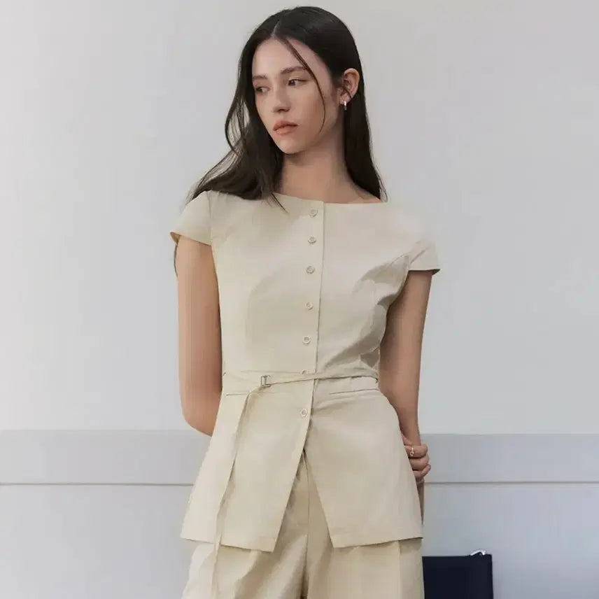 [BUNJANG] Attide Cap Sleeve Belted Blouse Cream S / 아티드 캡 슬리브 벨티드 블라우스