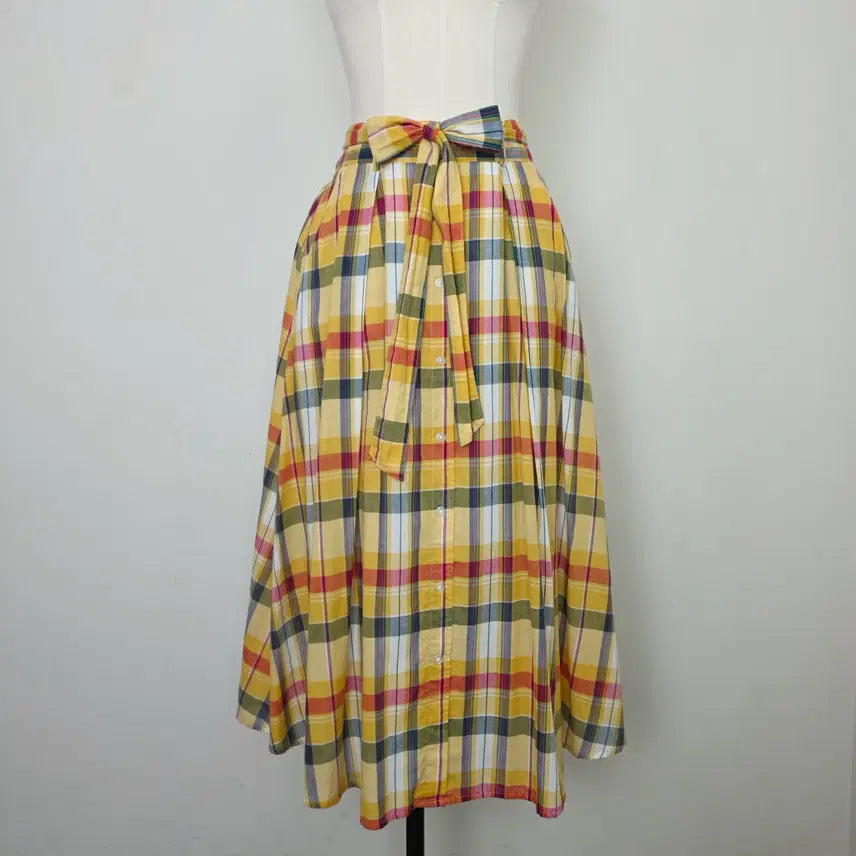 [BUNJANG] Yellow Check Ribbon A-Line Flare Long Skirt / 옐로우 체크 허리리본 A라인 플레어 롱 스커트 일본빈티지