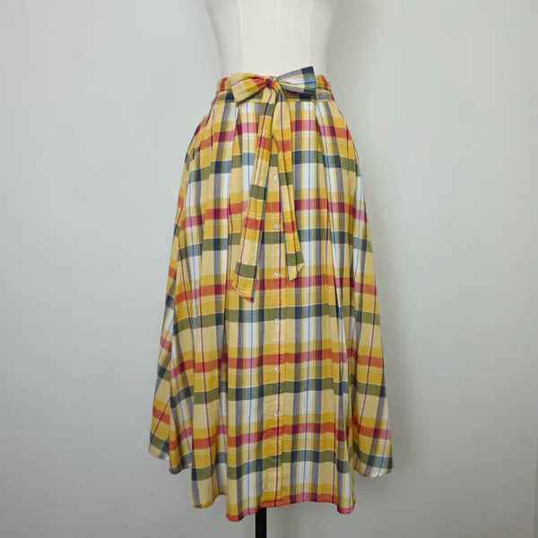 [BUNJANG] Yellow Check Ribbon A-Line Flare Long Skirt / 옐로우 체크 허리리본 A라인 플레어 롱 스커트 일본빈티지