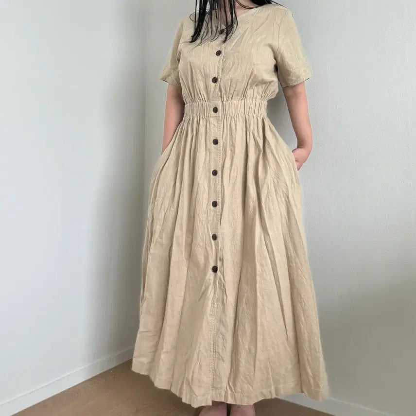 [BUNJANG] Beige Button Front Linen Blend Dress / 베이지 버튼 프론트 린넨 블렌드 원피스