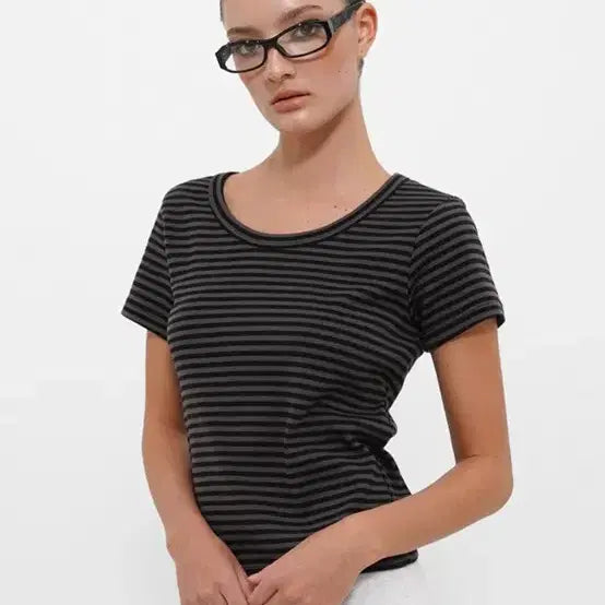 [BUNJANG] Black Up B-BASIC Standard U-Neck Short Sleeve T-Shirt - Charcoal Stripe, L / 블랙업 [B-BASIC] 스탠다드 유넥 반팔티 스프라이트 차콜 L