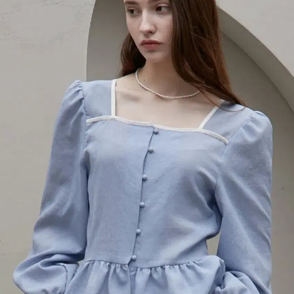 [BUNJANG] JURTI 23SS Square Neck Blouse Sky Blue White Trim / 주르티 스퀘어넥 블라우스 23SS