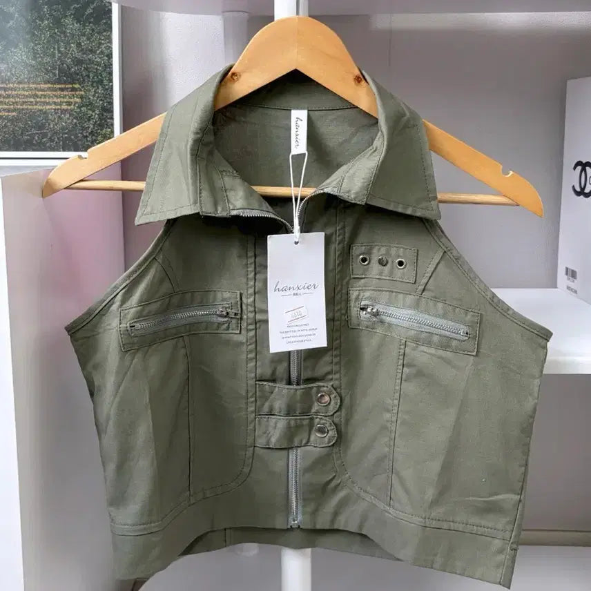 [BUNJANG] Khaki Sleeveless Vest with Collar and Pockets / 카키 나시 민소매 조끼) 포켓 여름 카라 투웨이
