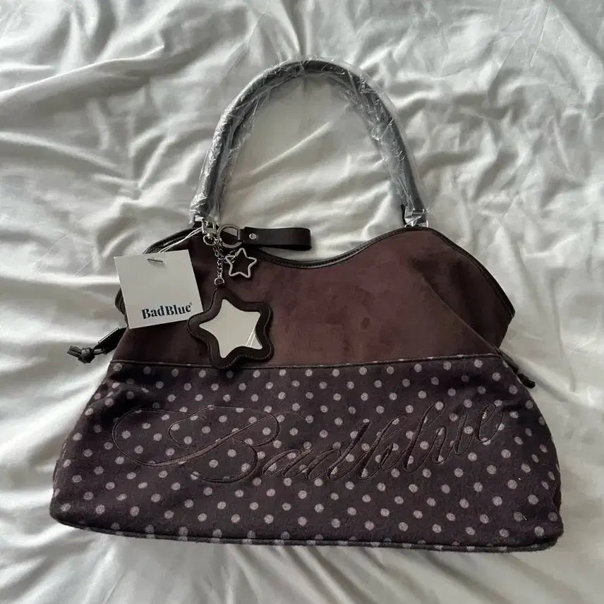 [BUNJANG] BadBlue Brown Polka Dot Star Mirror Charm Tote Bag Shoulder Bag / 신상 BadBlue 브라운 물방울 무늬 스타 거울 참 토트백 숄더백 데일
